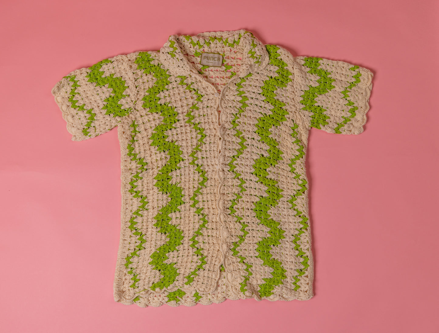 TROPICAL PUNCH Crochet Button-Down-Green/White