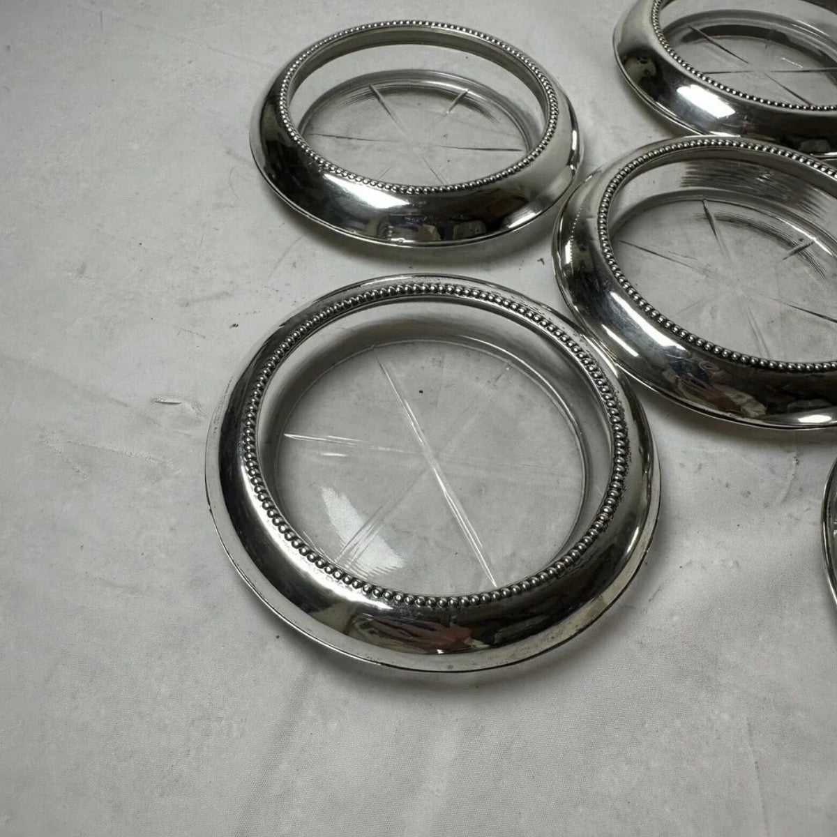 Frank M. Whiting Sterling VINTAGE PRESSED GLASS AND SILVER COASTERS (set of 6)