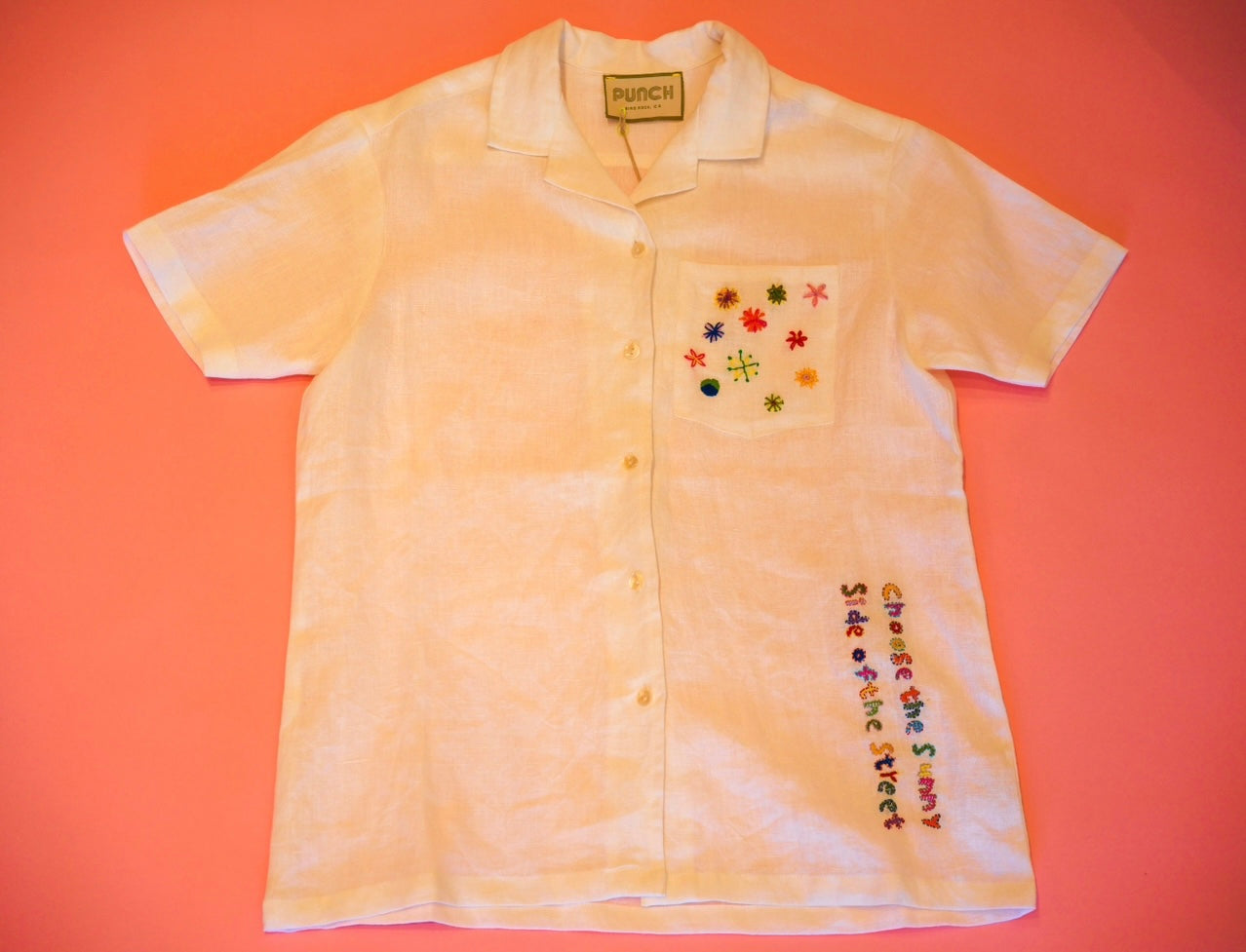 TROPICAL PUNCH 100% Hand Embroidered Linen Button-Down-Choose the sunny side of the street