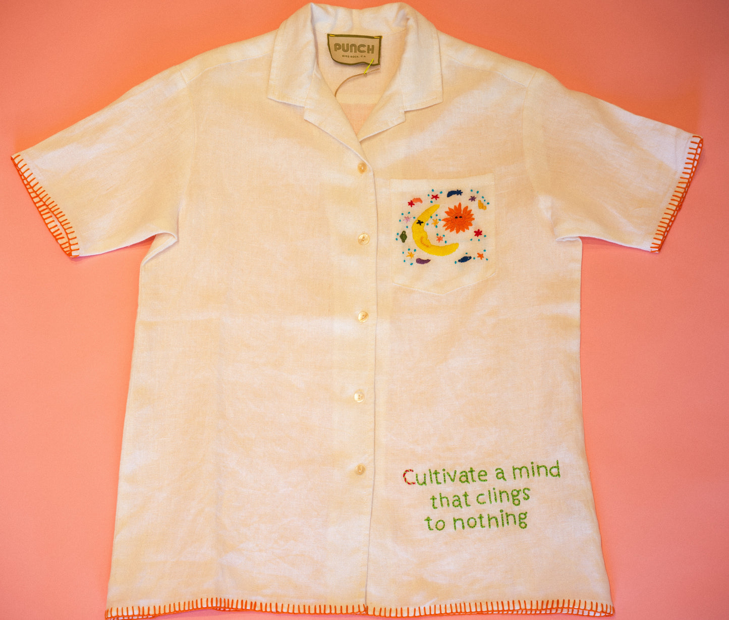 TROPICAL PUNCH 100% Hand Embroidered Linen Button-Down -Cultivate a mind that clings to nothing