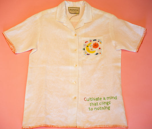 TROPICAL PUNCH 100% Hand Embroidered Linen Button-Down -Cultivate a mind that clings to nothing