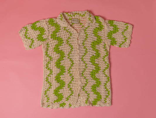TROPICAL PUNCH Crochet Button-Down-Green/White
