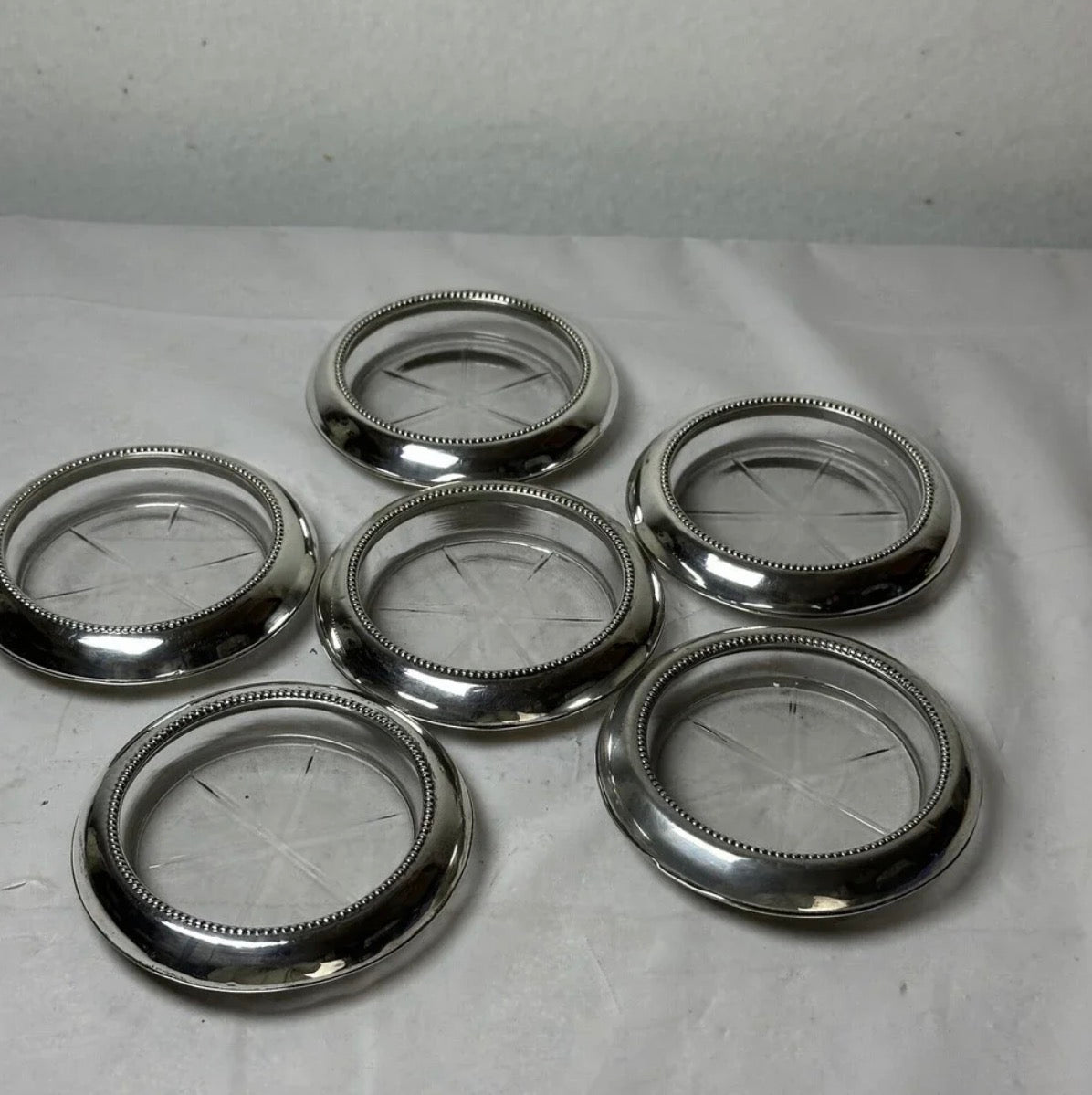 Frank M. Whiting Sterling VINTAGE PRESSED GLASS AND SILVER COASTERS (set of 6)