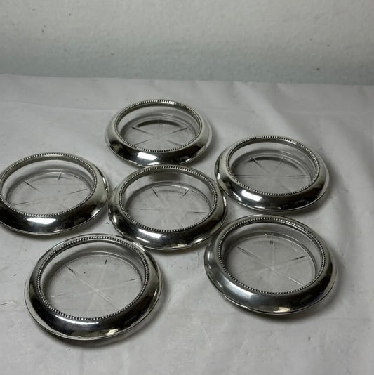 Frank M. Whiting Sterling VINTAGE PRESSED GLASS AND SILVER COASTERS (set of 6)